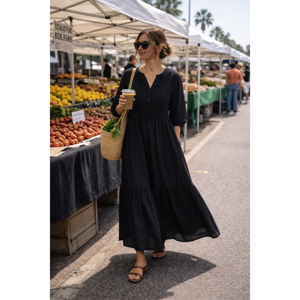 Natalie Martin Maxi Dress Womens XL Black Cotton Pleated Bib Boho Long Sleeve